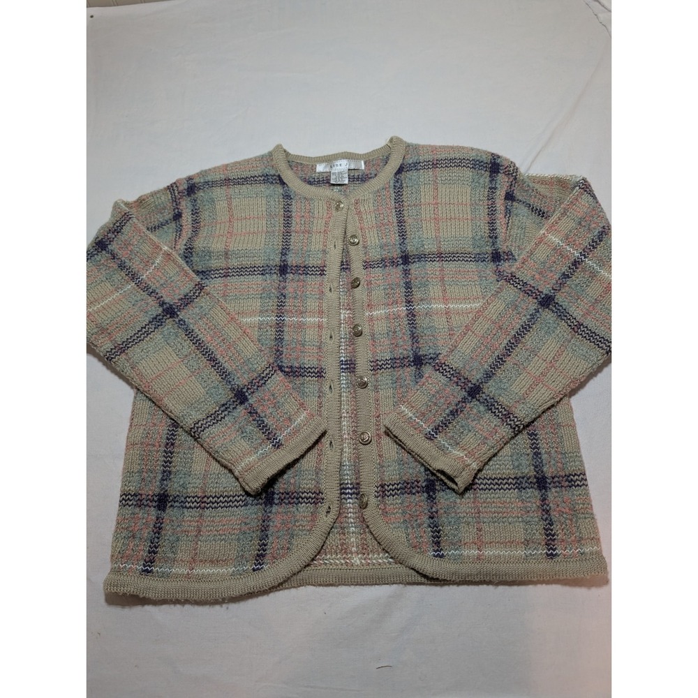 Lise J Womens Large Plaid Cardigan Sweater Wool Blend Button Front Tan Blue Pink